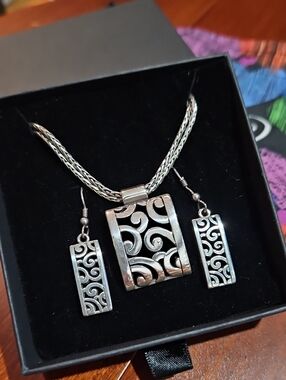 Brighton Silver-Tone Filigree Pendant Necklace with Matching Earrings